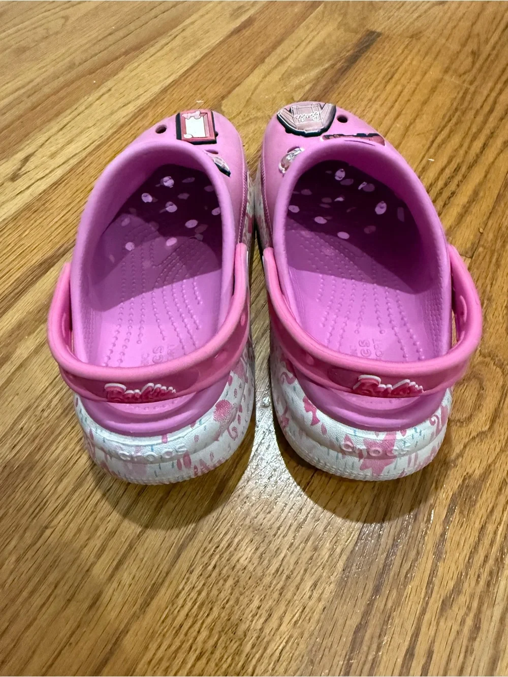 Kids Pink Clog Shoes with Decorative Charms Barbie Crocs J1